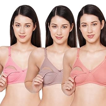 MomToBe Women's Cotton Multicolor Full Cup Non Padded Feeding Bra/Nursing Bra/Maternity Bra Combo - Pack of 3