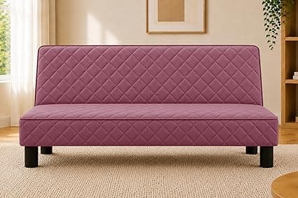 Modern 3-Seater Sofa Cum Bed, Quilted Upholstered Convertible Sofa, Space Saving Velvet Fabric Couch for Living Room, Guest Room & Studio Apartment, Rose Pink