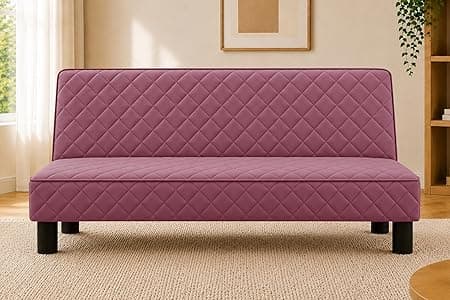 Modern 3-Seater Sofa Cum Bed, Quilted Upholstered Convertible Sofa, Space Saving Velvet Fabric Couch for Living Room, Guest Room & Studio Apartment, Rose Pink