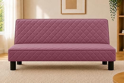 Modern 3-Seater Sofa Cum Bed, Quilted Upholstered Convertible Sofa, Space Saving Velvet Fabric Couch for Living Room, Guest Room & Studio Apartment, Rose Pink