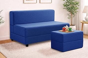 Leg Sofa Cum Bed with Ottoman | Jute Fabric | Multipurpose Folding Two Seater Sofa Bed 4x6 Ft for Living Room | Space Saving Furniture | Modern Design - Blue