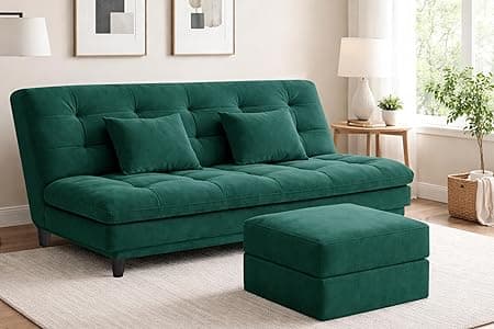 Modern Convertible Three-Seater Futon Sofa Bed with Ottoman – Tufted Sleeper Couch Sofa with Adjustable Backrest– Living Room Furniture-Green