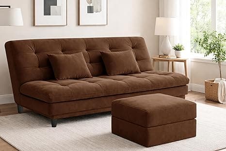 Modern Convertible Three-Seater Futon Sofa Bed with Ottoman – Tufted Sleeper Couch Sofa with Adjustable Backrest– Living Room Furniture-Brown