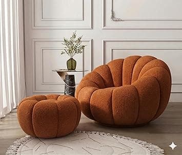CRAFTCITY Pumpkin Style Wooden Sofa | Contemporary Wool Sofa with Swen Pillow Back for Living Room (Orange, 1 Seater with Ottoman)