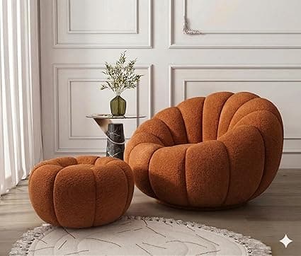 CRAFTCITY Pumpkin Style Wooden Sofa | Contemporary Wool Sofa with Swen Pillow Back for Living Room (Orange, 1 Seater with Ottoman)