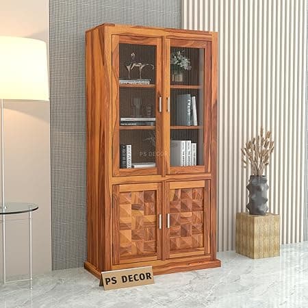 PS DECOR Solid Sheesham Wood Book Shelf with Acrylic Glass Doors and Storage Cabinet | Rosewood Display Unit with 4 Doors for Living Room & Office (Natural Finish)