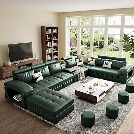 FURNART FURNITURE & INTERIOR Modern U-Shaped Sectional Sofa Set with Storage, 9 Seater, Sofa Couch with 4 Puffy for Hall Guest Room, Leatherette (Bottle Green)
