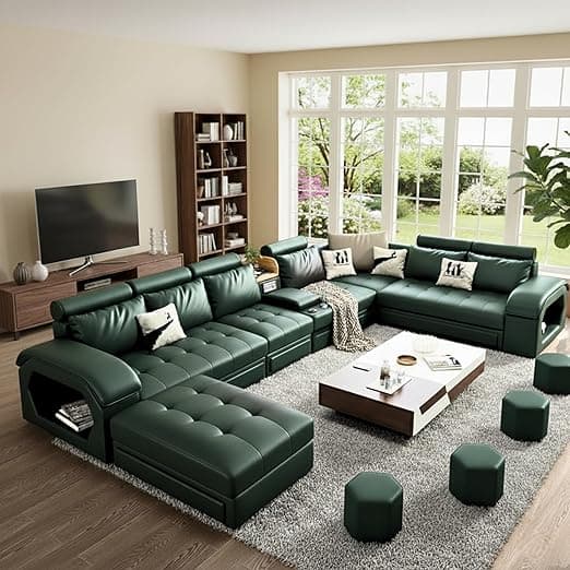 FURNART FURNITURE & INTERIOR Modern U-Shaped Sectional Sofa Set with Storage, 9 Seater, Sofa Couch with 4 Puffy for Hall Guest Room, Leatherette (Bottle Green)