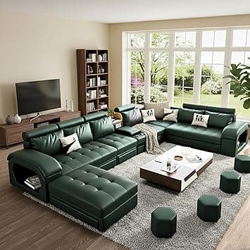 FURNART FURNITURE & INTERIOR Modern U-Shaped Sectional Sofa Set with Storage, 9 Seater, Sofa Couch with 4 Puffy for Hall Guest Room, Leatherette (Bottle Green)
