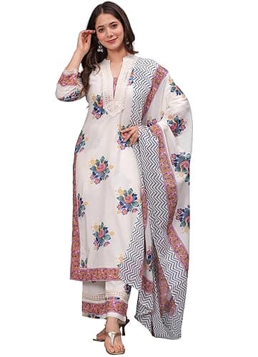 Amayra Women's Pure Cotton Printed Straight Kurta Set with Palazzo Pants & Dupatta- Ethnic Wear, White