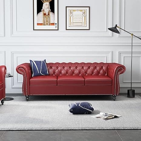 ORRD Chesterfield Sofa Leather, Modern PU Tufted Couch 3 Seater with Rolled Arms and Nailhead for Living Room, Bedroom, Office, Apartment (Burgundy)