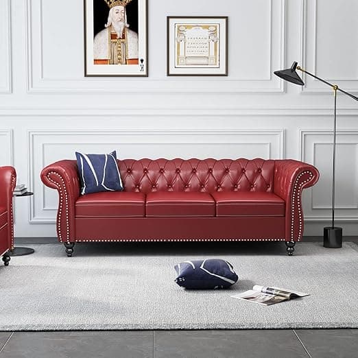 ORRD Chesterfield Sofa Leather, Modern PU Tufted Couch 3 Seater with Rolled Arms and Nailhead for Living Room, Bedroom, Office, Apartment (Burgundy)