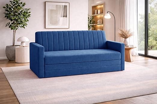 Rosebell Three Seater Foldable Sofa-Cum-Bed | 3-in-1 Convertible Couch with Armrest | Modern Fabric Sofa for Living Room, Bedroom & Office-Blue