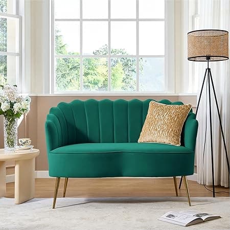 HULALA HOME Modern Velvet Loveseat Sofa with Flower Shaped Back, Comfy Upholstered 2-Seater Sofa with Gold Metal Legs, Small Love Seat Accent Couch for Living Bedroom Leisure Areas, Green