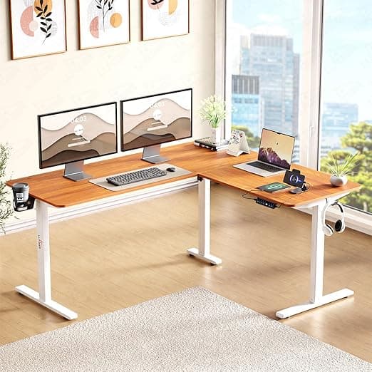 Lukzer L-Shape Electric Height Adjustable Desk with USB & Type-C Digital Display Advance Memory Preset Sit Stand Home Office Table | EST-001/UC-White & Oak Brown | DIY Setup with 1 Year Warranty