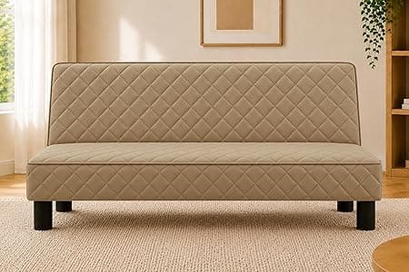 Modern 3-Seater Sofa Cum Bed, Quilted Upholstered Convertible Sofa, Space Saving Velvet Fabric Couch for Living Room, Guest Room & Studio Apartment, Golden