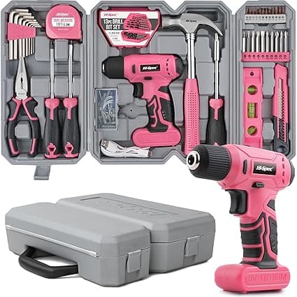 Hi-Spec 58pc Pink 8V USB Electric Drill Driver & Household Tool Kit Set. DIY Cordless Power Screwdriver