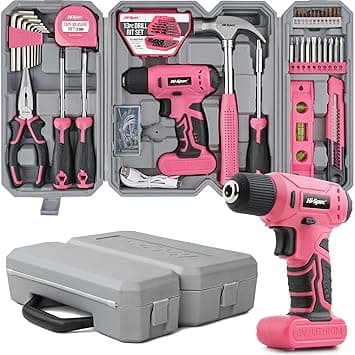 Hi-Spec 58pc Pink 8V USB Electric Drill Driver & Household Tool Kit Set. DIY Cordless Power Screwdriver
