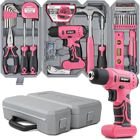 Hi-Spec 58pc Pink 8V USB Electric Drill Driver & Household Tool Kit Set. DIY Cordless Power Screwdriver