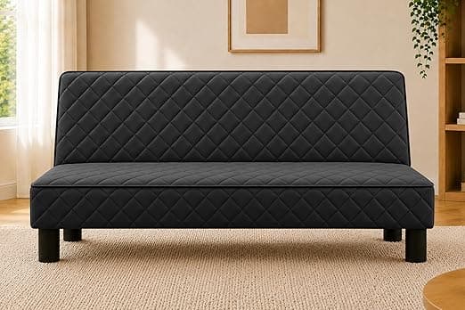Modern 3-Seater Sofa Cum Bed, Quilted Upholstered Convertible Sofa, Space Saving Velvet Fabric Couch for Living Room, Guest Room & Studio Apartment, Black