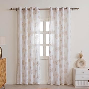 HOMEMONDE Cotton Customize Curtain Set of 2 - Gold Printed Sheer Curtains with Eyelets, Light Filtering Transparent Drapes - Gold Dandelions