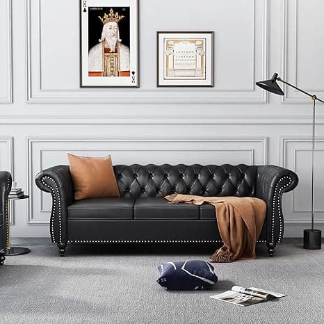 ORRD Chesterfield Sofa Leather, Modern PU Tufted Couch 3 Seater With Rolled Arms And Nailhead For Living Room, Bedroom, Office, Apartment (Black)