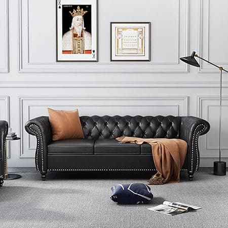 ORRD Chesterfield Sofa Leather, Modern PU Tufted Couch 3 Seater With Rolled Arms And Nailhead For Living Room, Bedroom, Office, Apartment (Black)