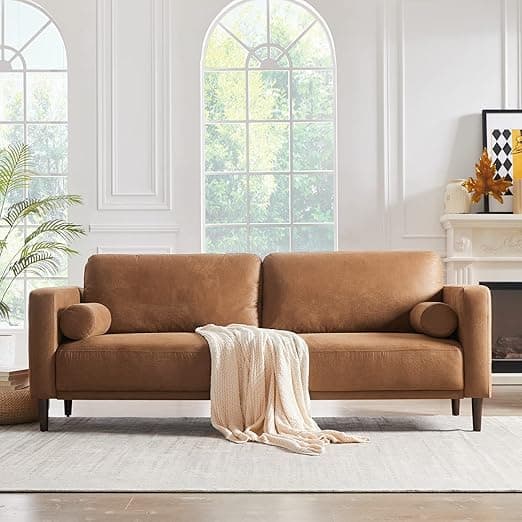 HIFIT 79" Sofa Couches for Living Room Mid-Century Modern Decor Faux Leather Couch with Deep Seat&Cloud Cushions&2 Pillow, 3 Seater Home Sofa Living Room Brown Loveseat for Office, Bedroom, Apartment