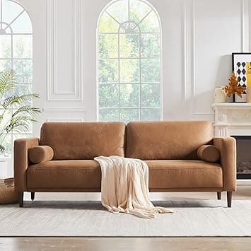 HIFIT 79" Sofa Couches for Living Room Mid-Century Modern Decor Faux Leather Couch with Deep Seat&Cloud Cushions&2 Pillow, 3 Seater Home Sofa Living Room Brown Loveseat for Office, Bedroom, Apartment