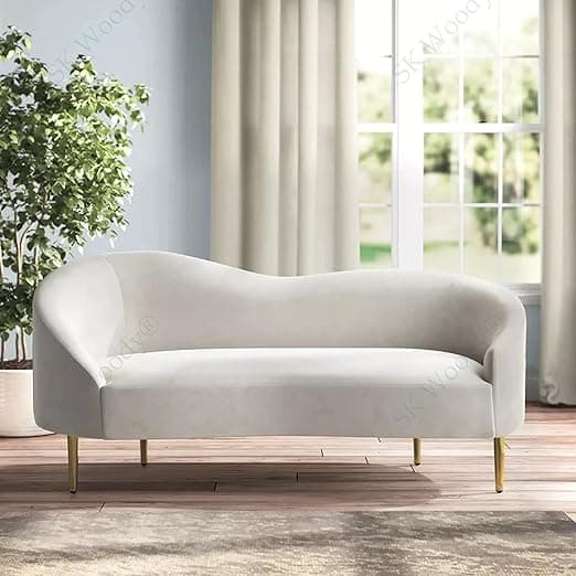 Rosewood Luxury Curved Sofa in Premium Velvet-Fabric | Solid Wood Structure | High Density Foam | Sturdy Golden Legs | Comfortable & Stylish Couch for Modern Living Room (Cream, 2 Seater)