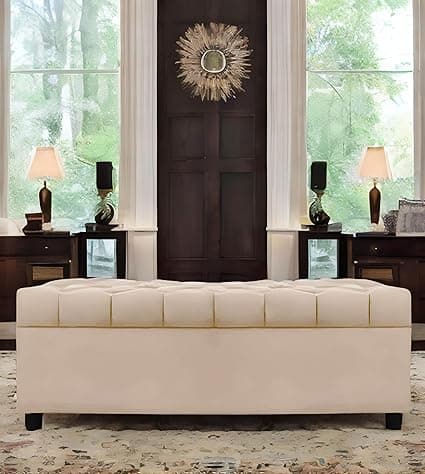 AMATA Eagle Solid Wood 2 Seater Ottoman/pouffe Cream Suede Velvet Fabric Perfect for Home Living Office Room and Guests (Cream 3, 2 Seater)(3 Year Warranty)