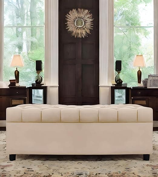 AMATA Eagle Solid Wood 2 Seater Ottoman/pouffe Cream Suede Velvet Fabric Perfect for Home Living Office Room and Guests (Cream 3, 2 Seater)(3 Year Warranty)