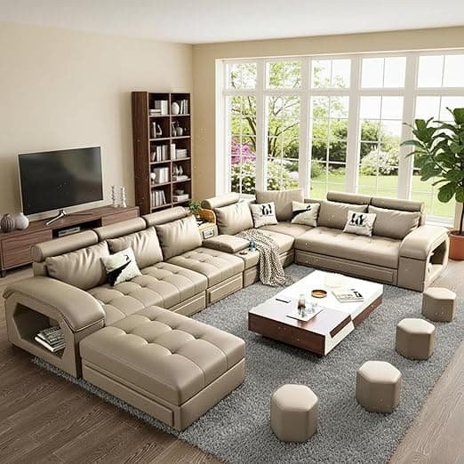 FURNART FURNITURE & INTERIOR Modern U-Shaped Sectional Sofa Set with Storage, 9 Seater, Sofa Couch with 4 Puffy for Hall Guest Room, Leatherette (Beige)