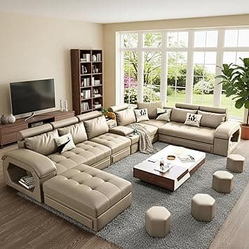 FURNART FURNITURE & INTERIOR Modern U-Shaped Sectional Sofa Set with Storage, 9 Seater, Sofa Couch with 4 Puffy for Hall Guest Room, Leatherette (Beige)