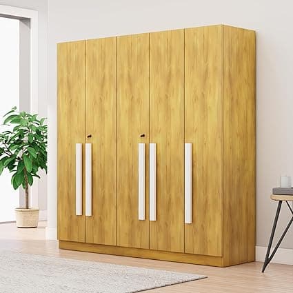 Bniture 5 Door Wooden Wardrobe for Bedroom with Lockable Door & 2 Hanging Space | Engineered Wood Almirah for Clothes | Wardrobe for Storage Cupboard with 8 Shelves (Giant Wood)