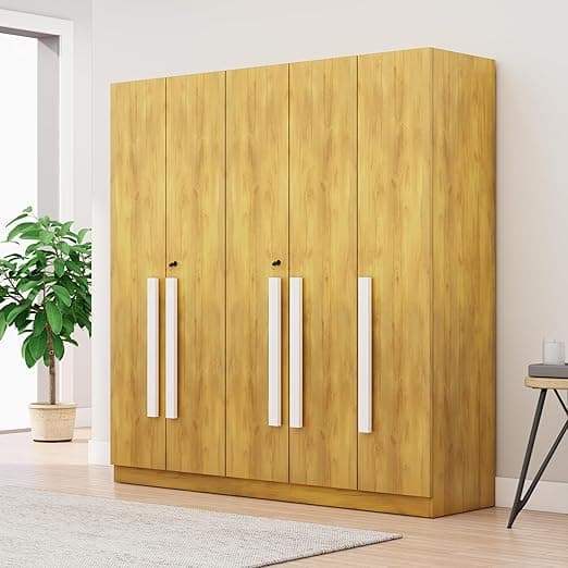 Bniture 5 Door Wooden Wardrobe for Bedroom with Lockable Door & 2 Hanging Space | Engineered Wood Almirah for Clothes | Wardrobe for Storage Cupboard with 8 Shelves (Giant Wood)