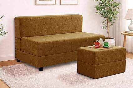 Leg Sofa Cum Bed with Ottoman | Jute Fabric | Multipurpose Folding Two Seater Sofa Bed 4x6 Ft for Living Room | Space Saving Furniture | Modern Design - Golden