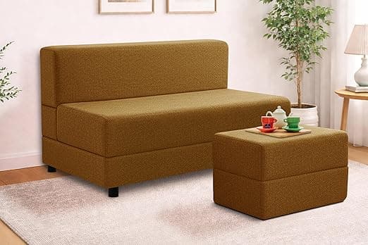 Leg Sofa Cum Bed with Ottoman | Jute Fabric | Multipurpose Folding Two Seater Sofa Bed 4x6 Ft for Living Room | Space Saving Furniture | Modern Design - Golden