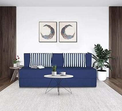 Adorn India Easy 4 Seater Sofa Cum Bed (Stripes Pattern) Chennile Fabric - Washable Cover - Including 2 Cushion - Size 6' x 6' Ft (Blue Color) Perfect for Home & Office for Guests