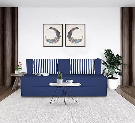 Adorn India Easy 4 Seater Sofa Cum Bed (Stripes Pattern) Chennile Fabric - Washable Cover - Including 2 Cushion - Size 6' x 6' Ft (Blue Color) Perfect for Home & Office for Guests