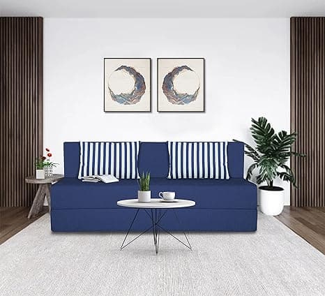 Adorn India Easy 4 Seater Sofa Cum Bed (Stripes Pattern) Chennile Fabric - Washable Cover - Including 2 Cushion - Size 6' x 6' Ft (Blue Color) Perfect for Home & Office for Guests
