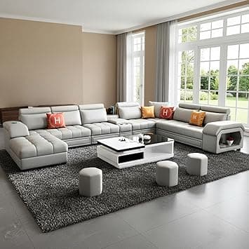 FURNART FURNITURE & INTERIOR Modern U-Shaped Sectional Sofa Set with Storage, 9 Seater, Sofa Couch with 4 Puffy for Hall Guest Room, Leatherette (Light Grey)