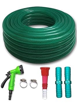 3 Layered Braided Hose Pipe 3/4 Inch with 7 Pattern water spray Gun, 1 Tap Connector, 2 pipe Jointers, & 2 hose Clamps (30 Meter)