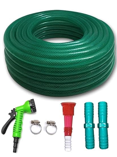3 Layered Braided Hose Pipe 3/4 Inch with 7 Pattern water spray Gun, 1 Tap Connector, 2 pipe Jointers, & 2 hose Clamps (30 Meter)