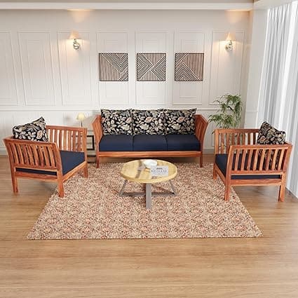 Kunjal Furniture Sheesham Wood Sofa Set for Living Room (3+1+1) - Wooden Sofa Set with Side Magazine Holder - The Elegance Graceful Sofa Set (Natural, 5-Seater)
