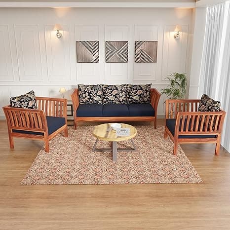 Kunjal Furniture Sheesham Wood Sofa Set for Living Room (3+1+1) - Wooden Sofa Set with Side Magazine Holder - The Elegance Graceful Sofa Set (Natural, 5-Seater)