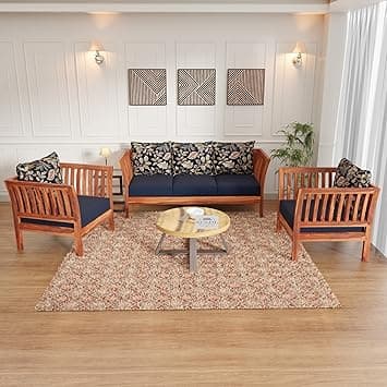 Kunjal Furniture Sheesham Wood Sofa Set for Living Room (3+1+1) - Wooden Sofa Set with Side Magazine Holder - The Elegance Graceful Sofa Set (Natural, 5-Seater)