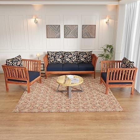 Kunjal Furniture Sheesham Wood Sofa Set for Living Room (3+1+1) - Wooden Sofa Set with Side Magazine Holder - The Elegance Graceful Sofa Set (Natural, 5-Seater)