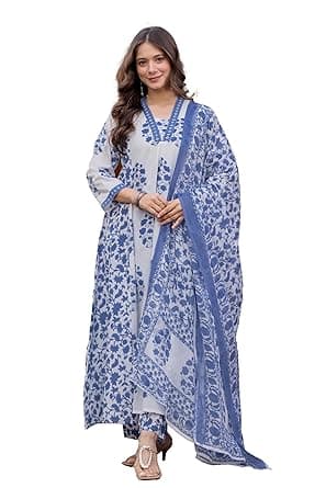 PARTHVI Women's Pure Cotton Block Printed Ethnic Wear Kurta & Palazzo Pants & Dupatta Set