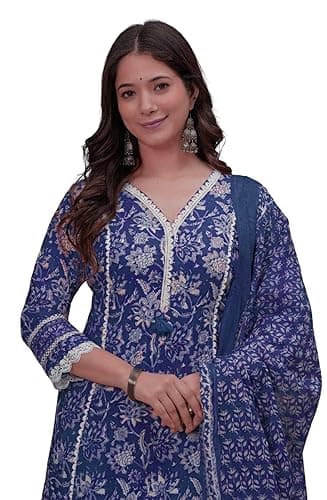 Amayra Women's Pure Cotton Printed Straight Kurta Set with Palazzo Pants & Dupatta- Ethnic Wear